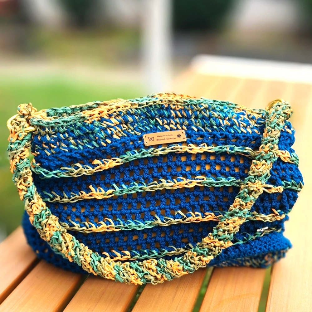 By Butterfly Knit By Lisa, blue and colorful, perfect size as handbag